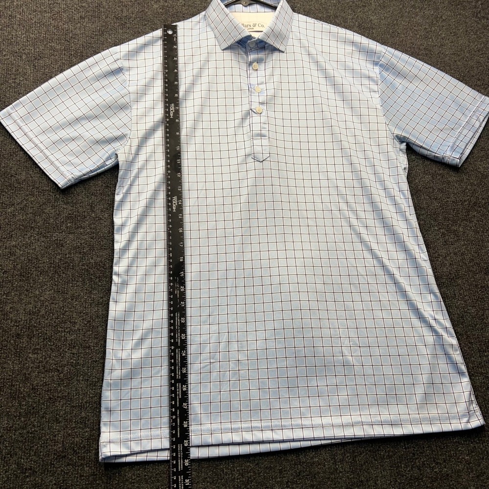 Collars & Co Mens Dress Collar Polo Shirt Blue Windowpane Performance Large 2566 - Picture 3 of 8